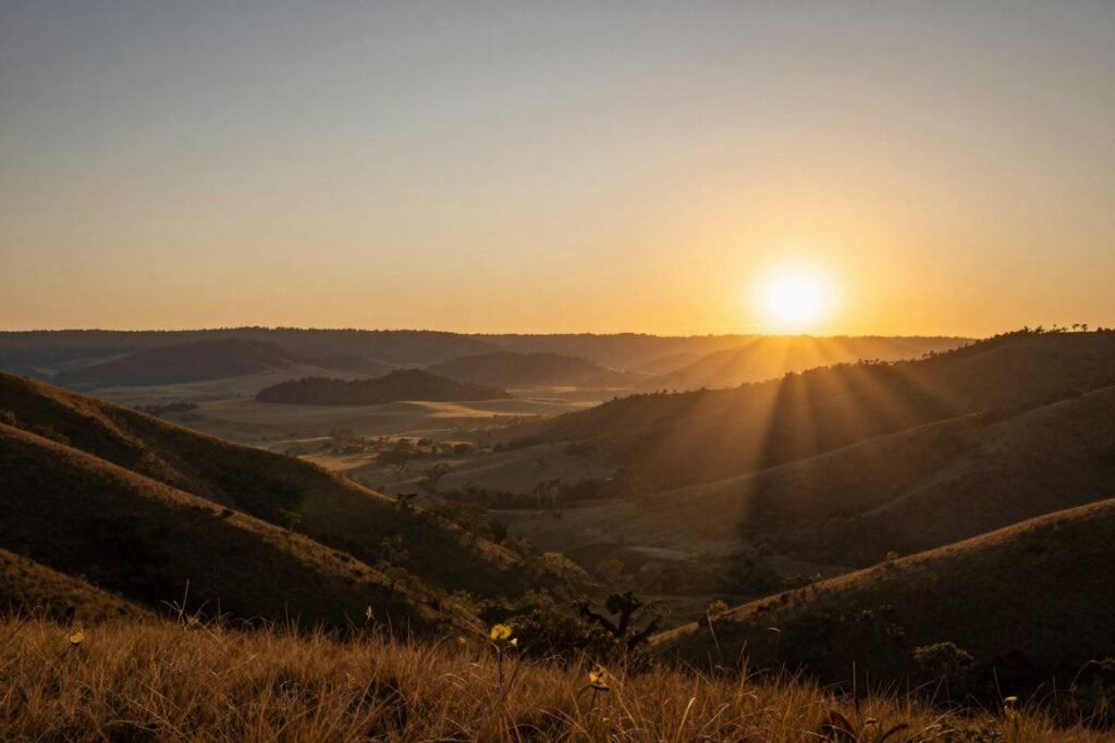 Amanhecer em destino brasileiro remoto com primeiros raios de sol iluminando paisagem Amanhecer em destino brasileiro remoto com primeiros raios de sol iluminando paisagem