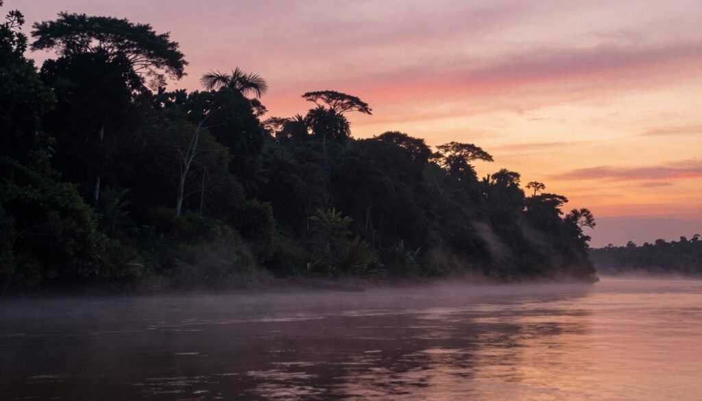 Amanhecer na floresta amazônica com neblina sobre o rio Amanhecer na floresta amazônica com neblina sobre o rio