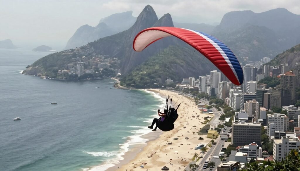 Asa-delta voando sobre praias do Rio de Janeiro com vista panorâmica da cidade Asa-delta voando sobre praias do Rio de Janeiro com vista panorâmica da cidade