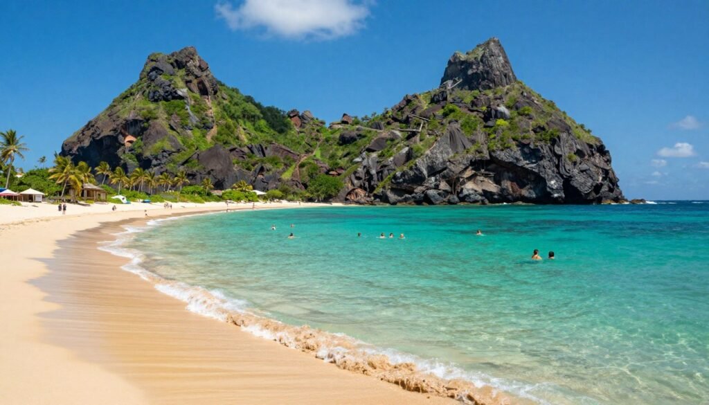 Baía do Sancho em Fernando de Noronha com água cristalina turquesa e falésias Baía do Sancho em Fernando de Noronha com água cristalina turquesa e falésias