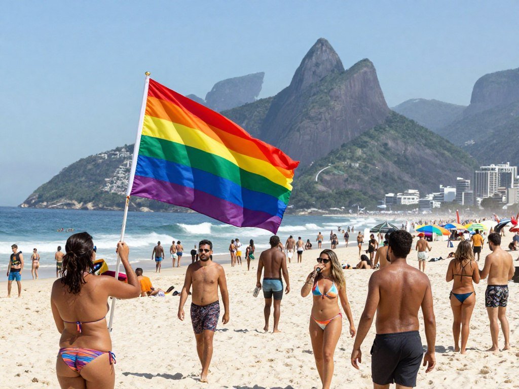 Bandeira LGBT na praia de Ipanema no Rio de Janeiro demonstrando ambiente seguro e inclusivo Bandeira LGBT na praia de Ipanema no Rio de Janeiro demonstrando ambiente seguro e inclusivo