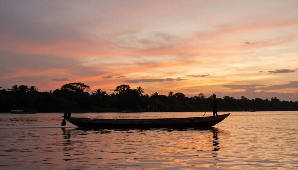 Barco tradicional amazônico navegando pelo Rio Tapajós ao pôr do sol Barco tradicional amazônico navegando pelo Rio Tapajós ao pôr do sol