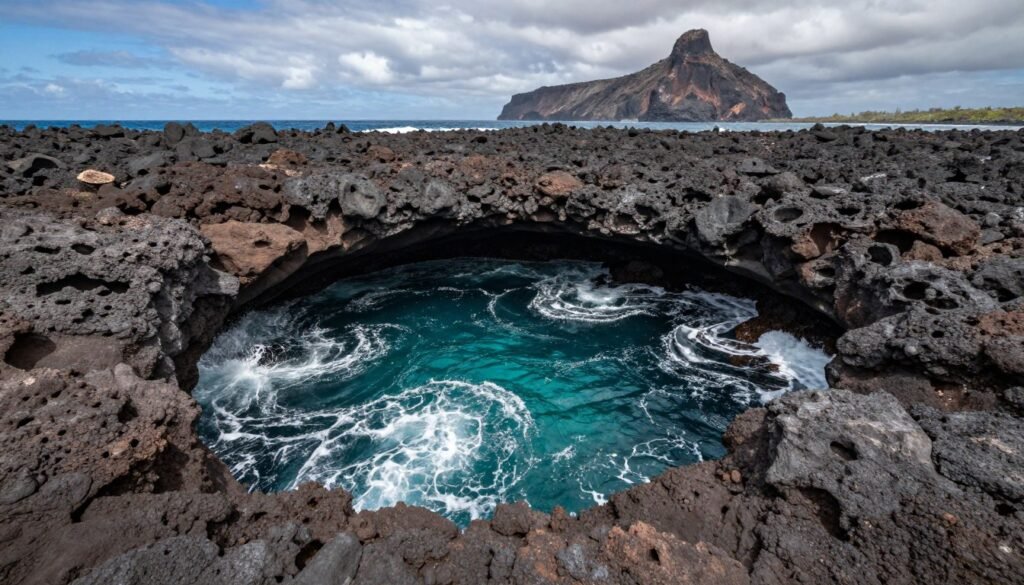 Buraco da Raquel em Fernando de Noronha com águas turquesas batendo nas rochas Buraco da Raquel em Fernando de Noronha com águas turquesas batendo nas rochas