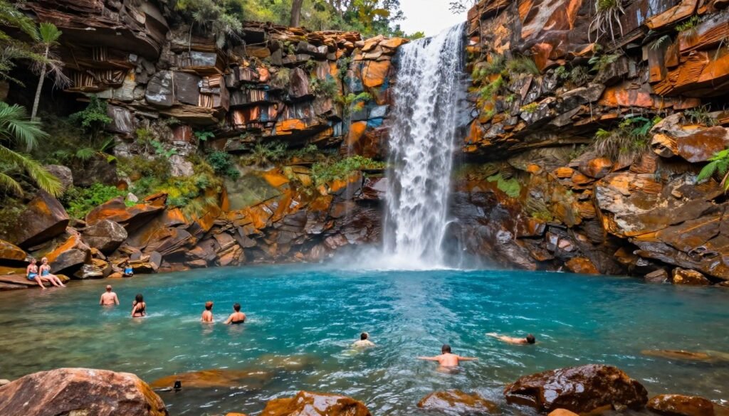 Cachoeira Santa Bárbara na Chapada dos Veadeiros com sua água azul turquesa e paredões rochosos Cachoeira Santa Bárbara na Chapada dos Veadeiros com sua água azul turquesa e paredões rochosos