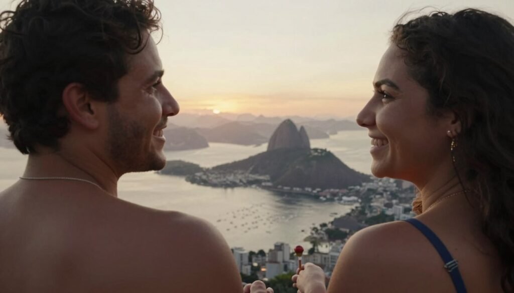 Casal de turistas estrangeiros felizes contemplando vista panorâmica do Rio ao pôr do sol, momento de realização Casal de turistas estrangeiros felizes contemplando vista panorâmica do Rio ao pôr do sol, momento de realização