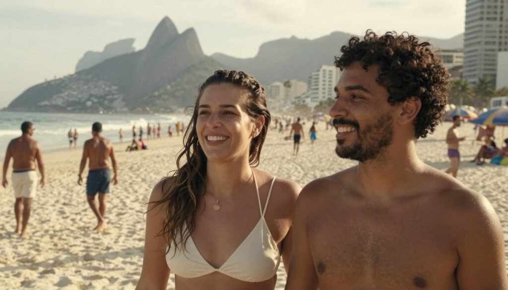 Casal de turistas estrangeiros sorrindo em frente à praia de Copacabana ao pôr do sol, com luz natural