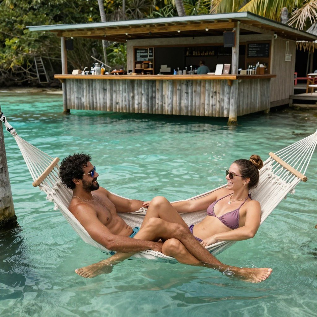 Casal de turistas relaxando em redes dentro da Lagoa do Paraíso Casal de turistas relaxando em redes dentro da Lagoa do Paraíso