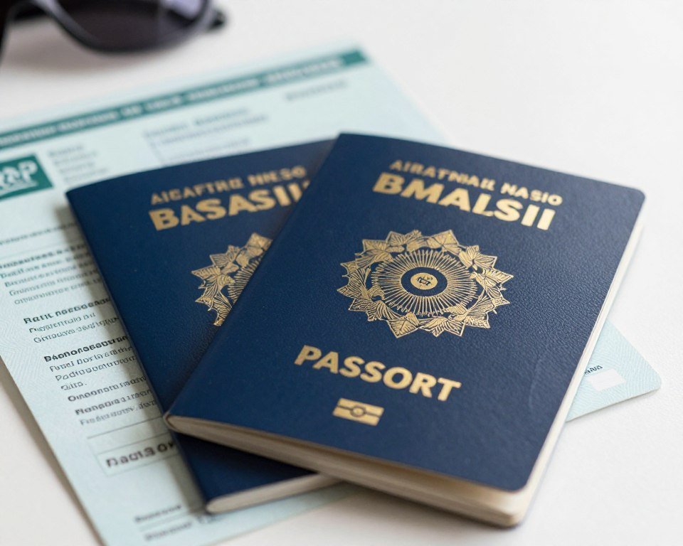 Close-up de passaporte brasileiro e documentos de viagem sobre mesa com luz natural suave Close-up de passaporte brasileiro e documentos de viagem sobre mesa com luz natural suave