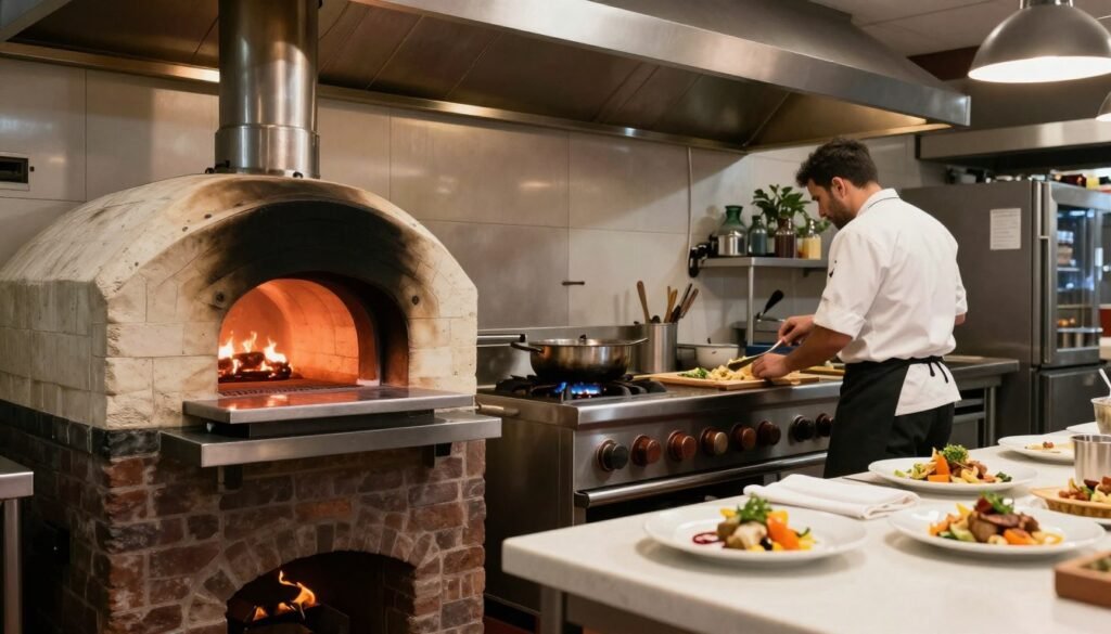 Cozinha de restaurante serrano mostrando fogão a lenha tradicional ao lado de equipamentos modernos Cozinha de restaurante serrano mostrando fogão a lenha tradicional ao lado de equipamentos modernos