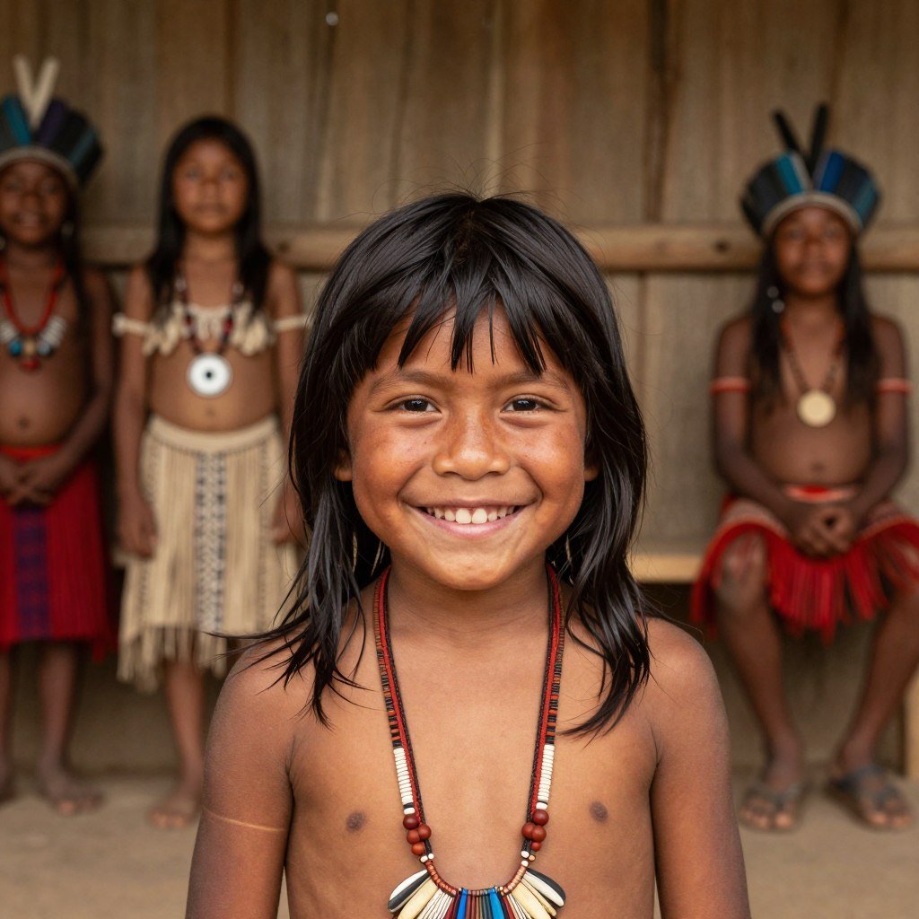Criança indígena sorrindo em comunidade amazônica Criança indígena sorrindo em comunidade amazônica