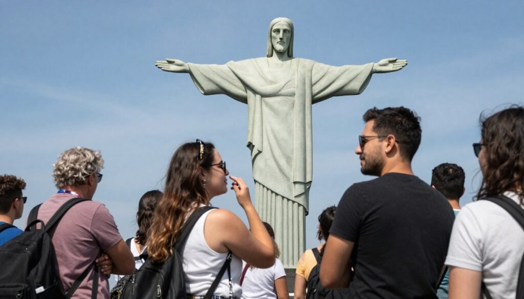 Cristo Redentor visto de ângulo diferenciado com turistas diversos apreciando a vista durante manhã ensolarada Cristo Redentor visto de ângulo diferenciado com turistas diversos apreciando a vista durante manhã ensolarada