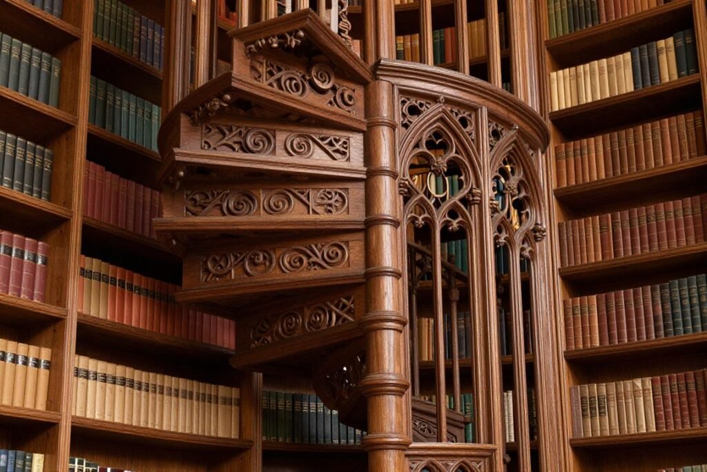 Detalhe das estantes entalhadas e escadaria em caracol do Real Gabinete Português de Leitura Detalhe das estantes entalhadas e escadaria em caracol do Real Gabinete Português de Leitura