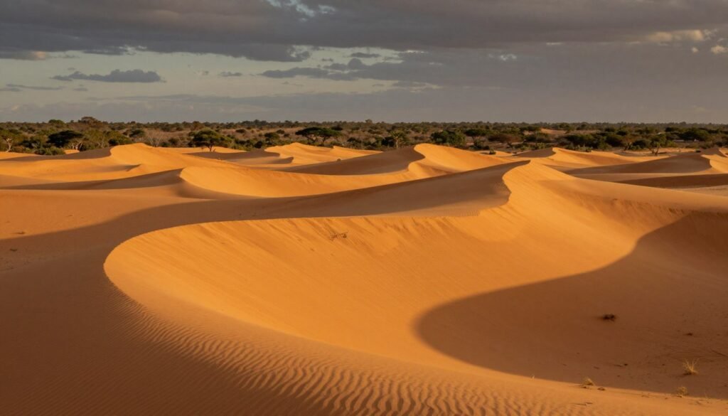 Dunas douradas do Jalapão ao pôr do sol com vegetação de cerrado ao fundo Dunas douradas do Jalapão ao pôr do sol com vegetação de cerrado ao fundo
