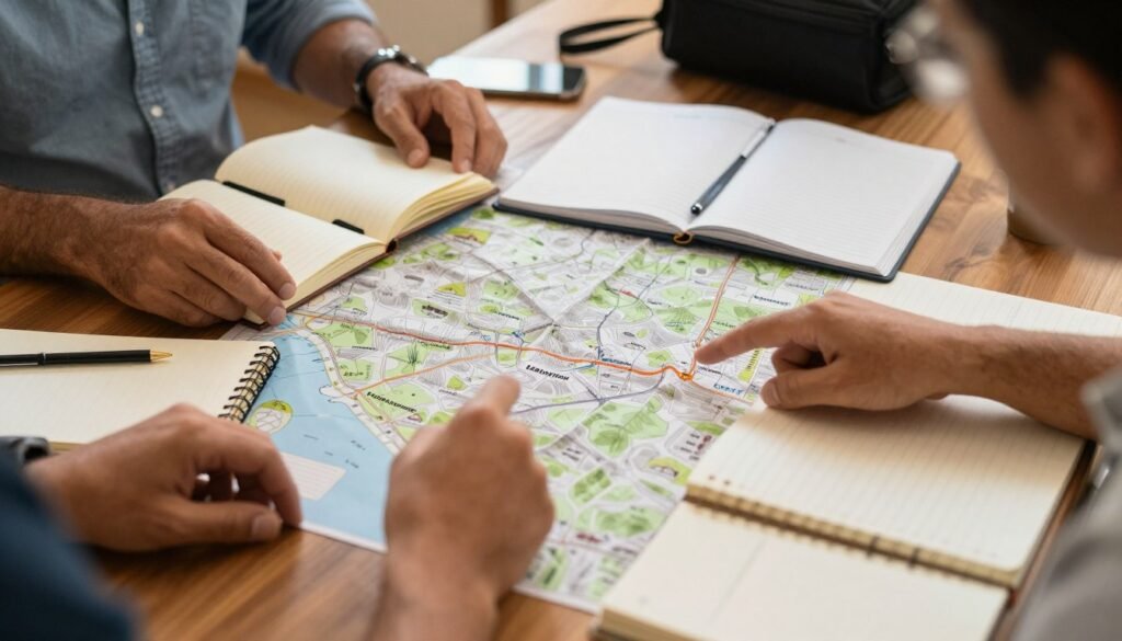 Equipe Somar Experience planejando roteiro personalizado para Lençóis Maranhenses com mapas e materiais de viagem Equipe Somar Experience planejando roteiro personalizado para Lençóis Maranhenses com mapas e materiais de viagem