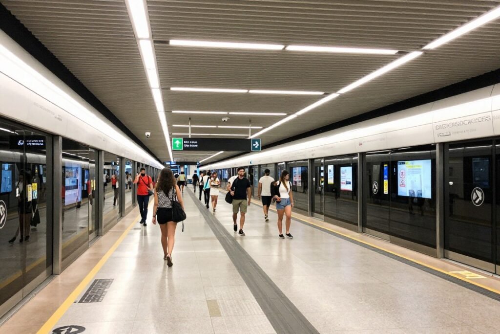Estação de metrô moderna e segura no Rio de Janeiro com turistas se locomovendo Estação de metrô moderna e segura no Rio de Janeiro com turistas se locomovendo