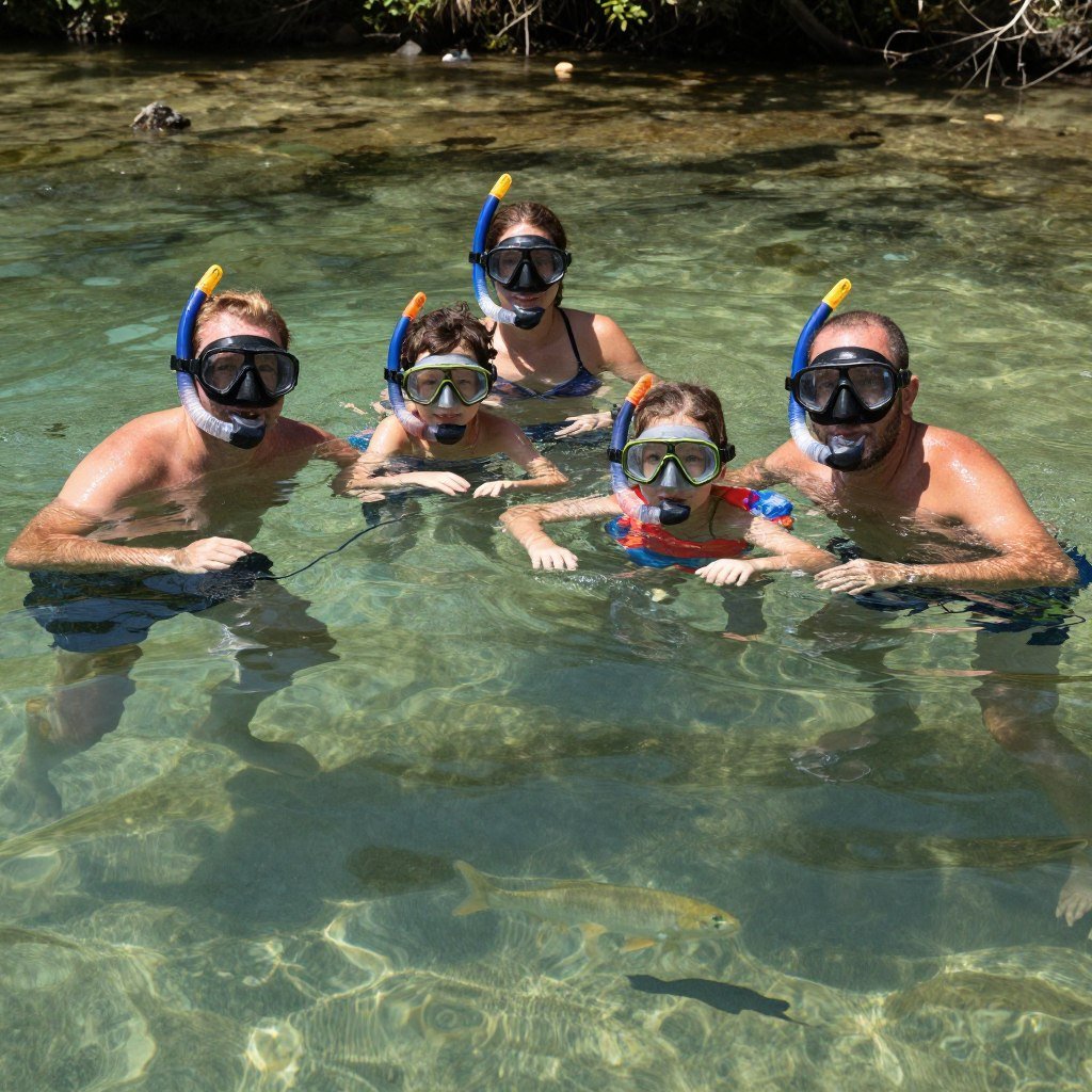 Família flutuando juntos em rio de água cristalina em Bonito Família flutuando juntos em rio de água cristalina em Bonito