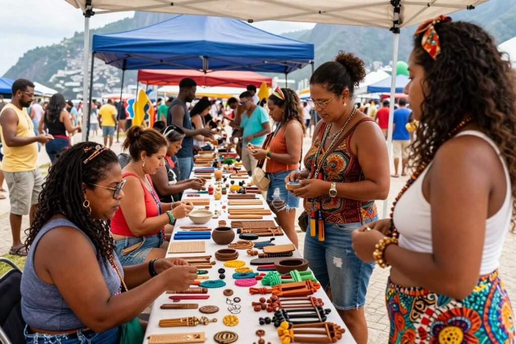 Feira de artesanato hippie de Ipanema com artesãos vendendo produtos típicos brasileiros sob luz natural Feira de artesanato hippie de Ipanema com artesãos vendendo produtos típicos brasileiros sob luz natural