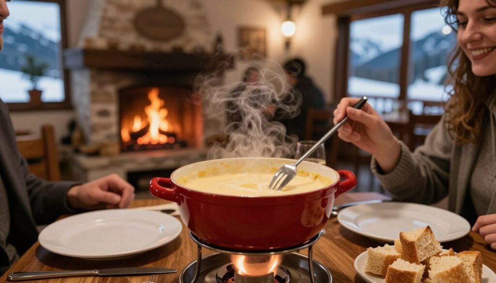 Fondue de queijo em restaurante da serra carioca com lareira e ambiente romântico de inverno Fondue de queijo em restaurante da serra carioca com lareira e ambiente romântico de inverno
