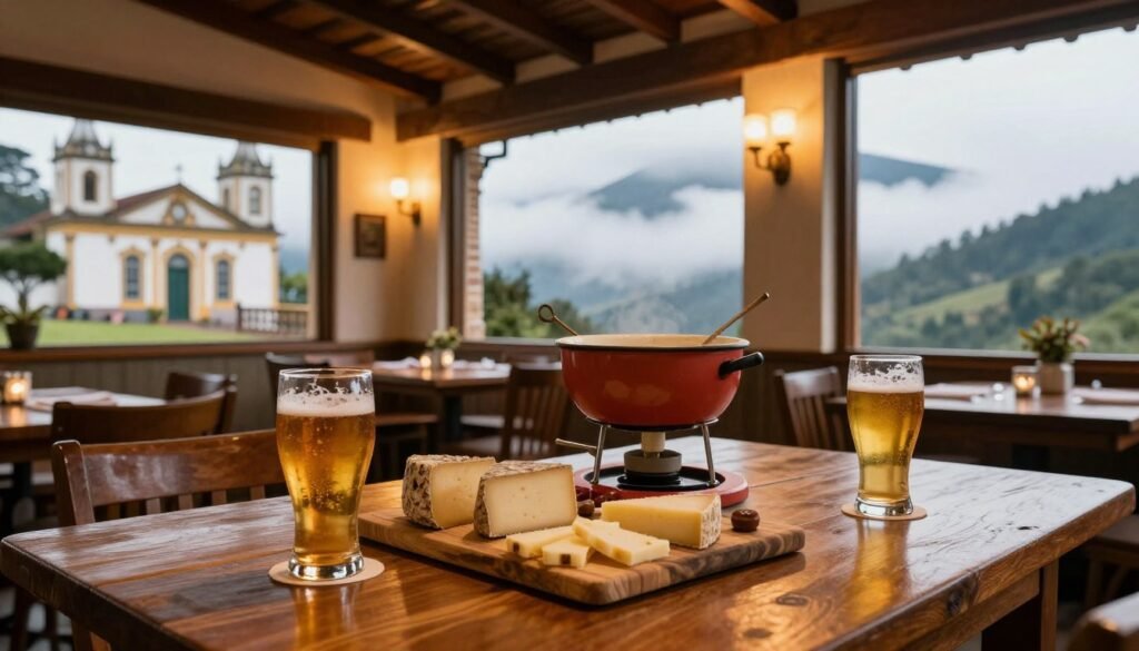 Gastronomia na Serra Carioca com taças de cerveja artesanal e tábua de queijos em ambiente acolhedor de montanha