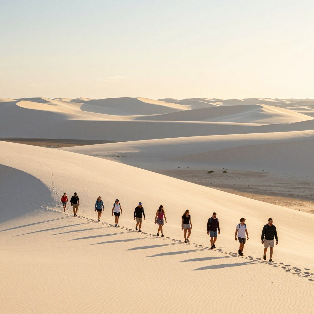 Grupo de turistas caminhando pelas dunas dos Lençóis ao amanhecer Grupo de turistas caminhando pelas dunas dos Lençóis ao amanhecer
