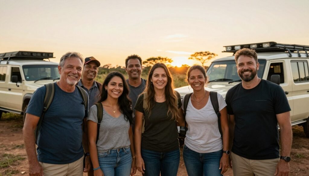 Grupo de viajantes felizes após expedição bem-sucedida em destino remoto brasileiro Grupo de viajantes felizes após expedição bem-sucedida em destino remoto brasileiro