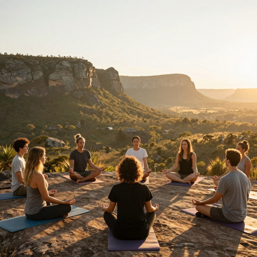 Grupo meditando ao nascer do sol em mirante da Chapada dos Veadeiros Grupo meditando ao nascer do sol em mirante da Chapada dos Veadeiros