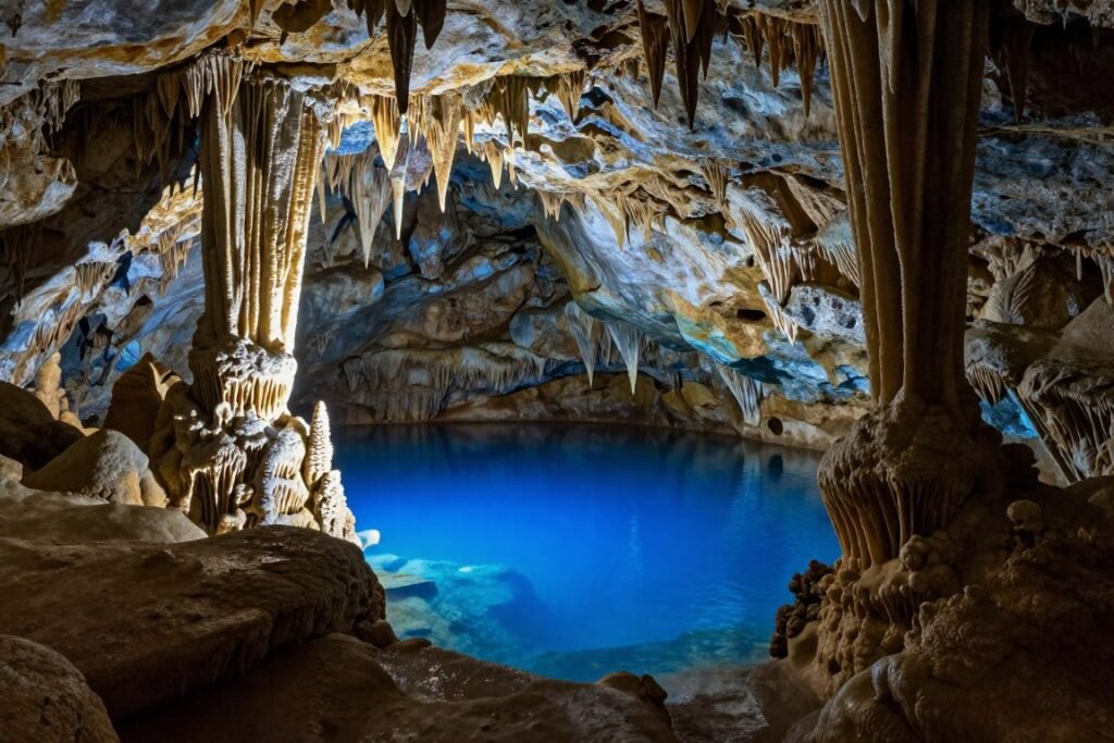 Gruta do Lago Azul em Bonito com água azul elétrica e formações rochosas Gruta do Lago Azul em Bonito com água azul elétrica e formações rochosas