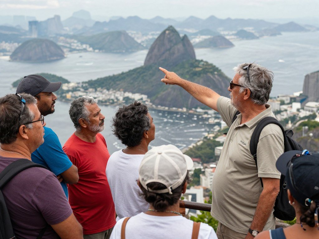 Guia local experiente mostrando vista especial do Rio para grupo de turistas atentos Guia local experiente mostrando vista especial do Rio para grupo de turistas atentos
