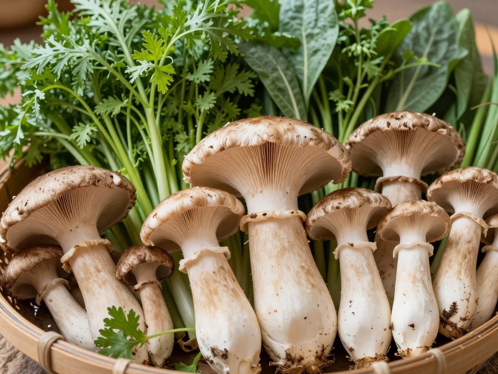 Ingredientes sazonais frescos da serra incluindo cogumelos, vegetais e ervas aromáticas em mercado local Ingredientes sazonais frescos da serra incluindo cogumelos, vegetais e ervas aromáticas em mercado local