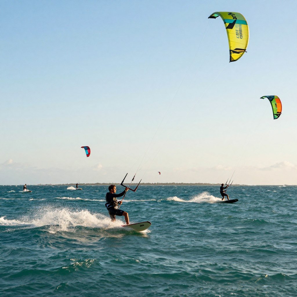 Kitesurfers praticando nas águas de Jericoacoara com dezenas de pipas coloridas no céu Kitesurfers praticando nas águas de Jericoacoara com dezenas de pipas coloridas no céu