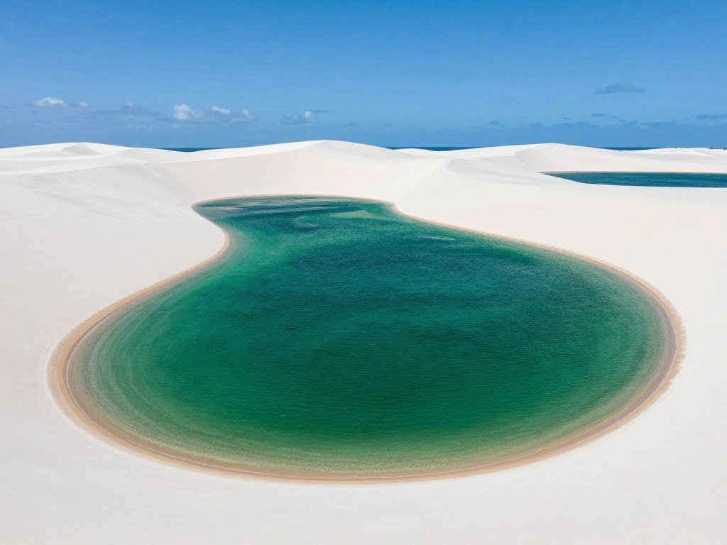 Lagoa Bonita nos Lençóis Maranhenses com água verde-esmeralda cercada por dunas Lagoa Bonita nos Lençóis Maranhenses com água verde-esmeralda cercada por dunas