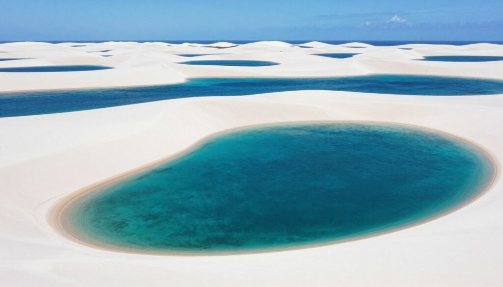 Lagoas de Lençóis Maranhenses completamente cheias durante a melhor época, mostrando contraste entre dunas brancas e água cristalina Lagoas de Lençóis Maranhenses completamente cheias durante a melhor época, mostrando contraste entre dunas brancas e água cristalina