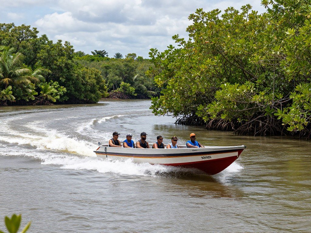 Lancha navegando pelo Rio Preguiças durante transfer entre bases nos Lençóis Maranhenses Lancha navegando pelo Rio Preguiças durante transfer entre bases nos Lençóis Maranhenses