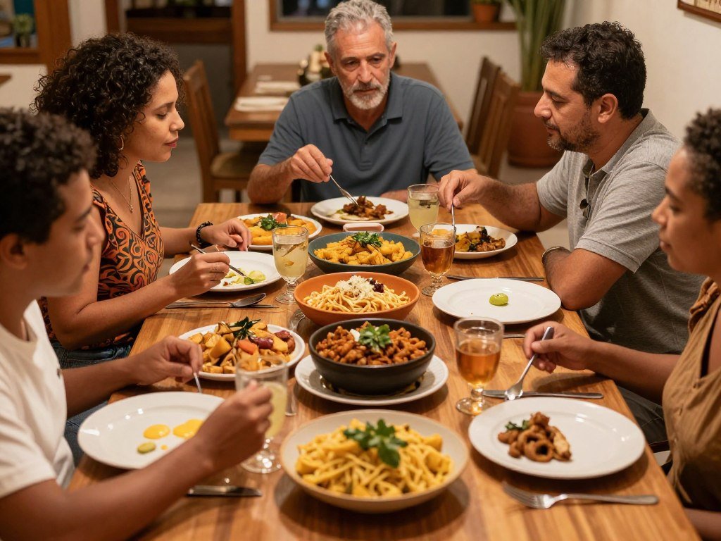 Mesa compartilhada com gastronomia da serra carioca mostrando integração cultural através da comida Mesa compartilhada com gastronomia da serra carioca mostrando integração cultural através da comida