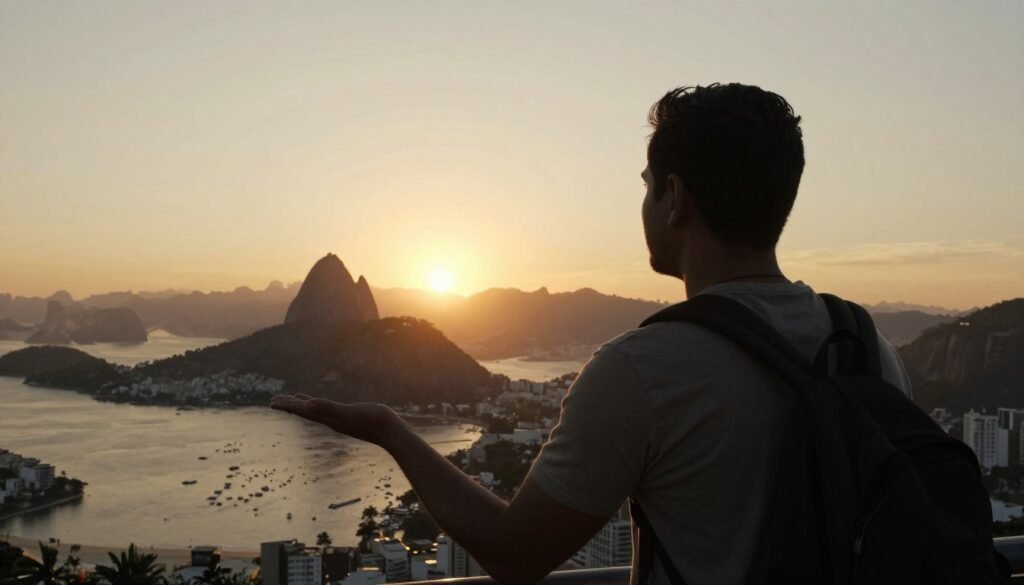 Momento de conexão autêntica entre viajante e cidade do Rio de Janeiro ao entardecer Momento de conexão autêntica entre viajante e cidade do Rio de Janeiro ao entardecer