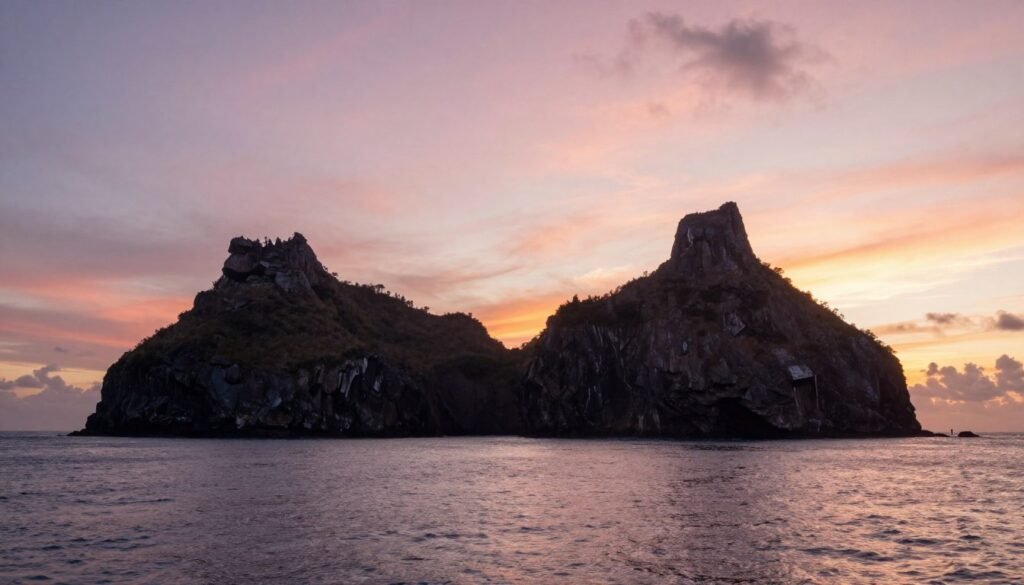 Morro Dois Irmãos em Fernando de Noronha ao amanhecer com céu colorido Morro Dois Irmãos em Fernando de Noronha ao amanhecer com céu colorido