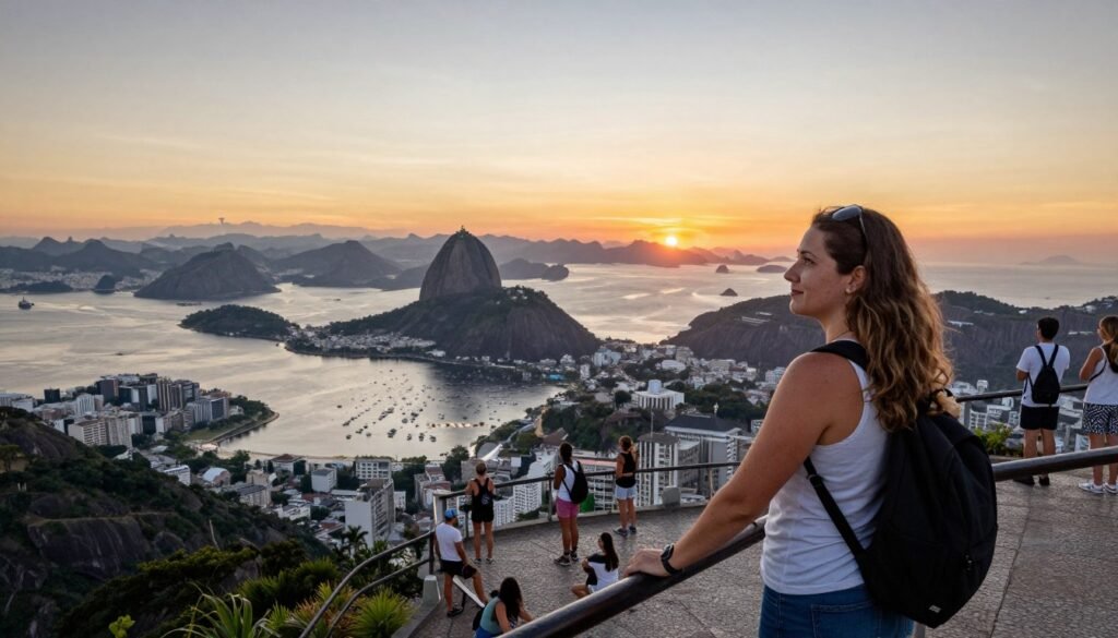 Mulher contemplando a vista panorâmica do Rio de Janeiro com segurança do mirante
