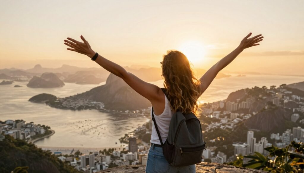 Mulher viajante curtindo Rio de Janeiro com segurança e liberdade admirando vista da cidade Mulher viajante curtindo Rio de Janeiro com segurança e liberdade admirando vista da cidade