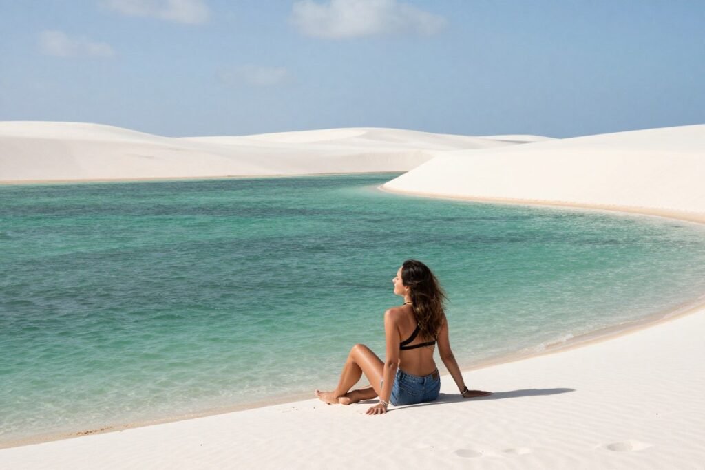 Mulher viajante solo contemplando lagoas dos Lençóis Maranhenses em momento de segurança e tranquilidade Mulher viajante solo contemplando lagoas dos Lençóis Maranhenses em momento de segurança e tranquilidade