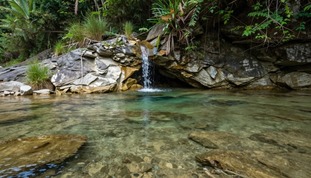 Nascente de rio em Bonito com água brotando do solo cercado por vegetação Nascente de rio em Bonito com água brotando do solo cercado por vegetação