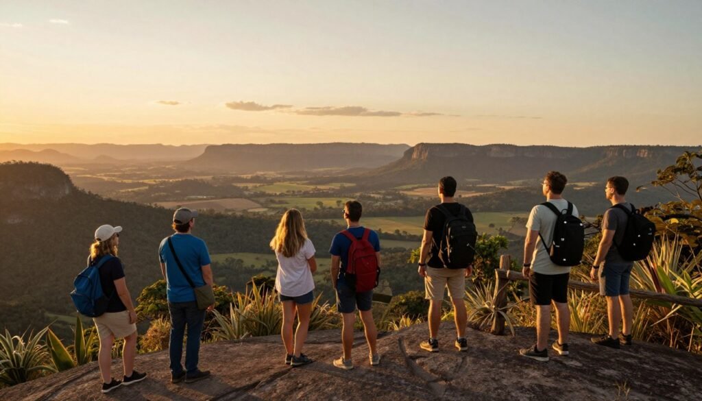 Paisagem cinematográfica brasileira com turistas contemplando cenário natural grandioso ao pôr do sol