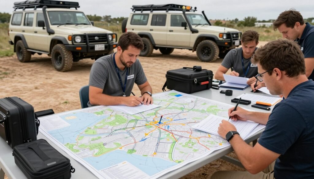 Planejamento de expedição com mapas, equipamentos e veículos 4x4 preparados Planejamento de expedição com mapas, equipamentos e veículos 4x4 preparados