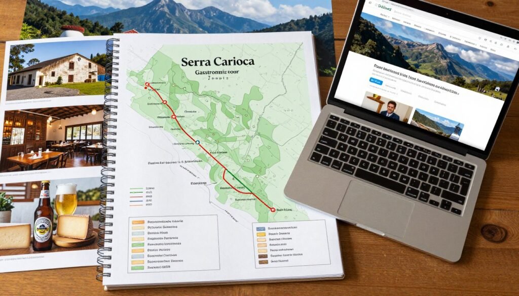 Planejamento de roteiro gastronômico na serra com mapa, caderno e imagens de restaurantes locais Planejamento de roteiro gastronômico na serra com mapa, caderno e imagens de restaurantes locais