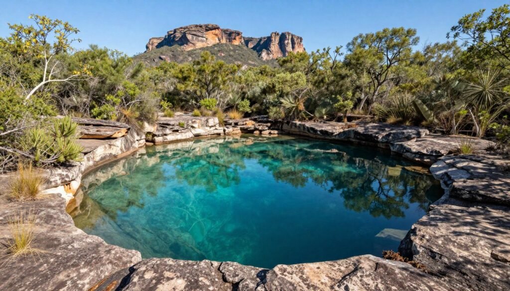 Poço de água cristalina cercado por vegetação de cerrado na Chapada dos Veadeiros Poço de água cristalina cercado por vegetação de cerrado na Chapada dos Veadeiros
