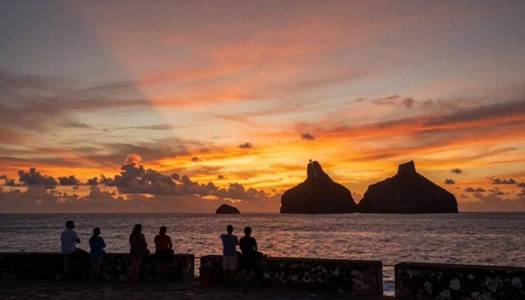 Pôr do sol em Fernando de Noronha visto do Forte dos Remédios com silhueta de turistas Pôr do sol em Fernando de Noronha visto do Forte dos Remédios com silhueta de turistas