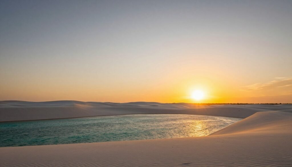 Pôr do sol espetacular sobre as dunas e lagoas dos Lençóis Maranhenses em momento de planejamento perfeito Pôr do sol espetacular sobre as dunas e lagoas dos Lençóis Maranhenses em momento de planejamento perfeito