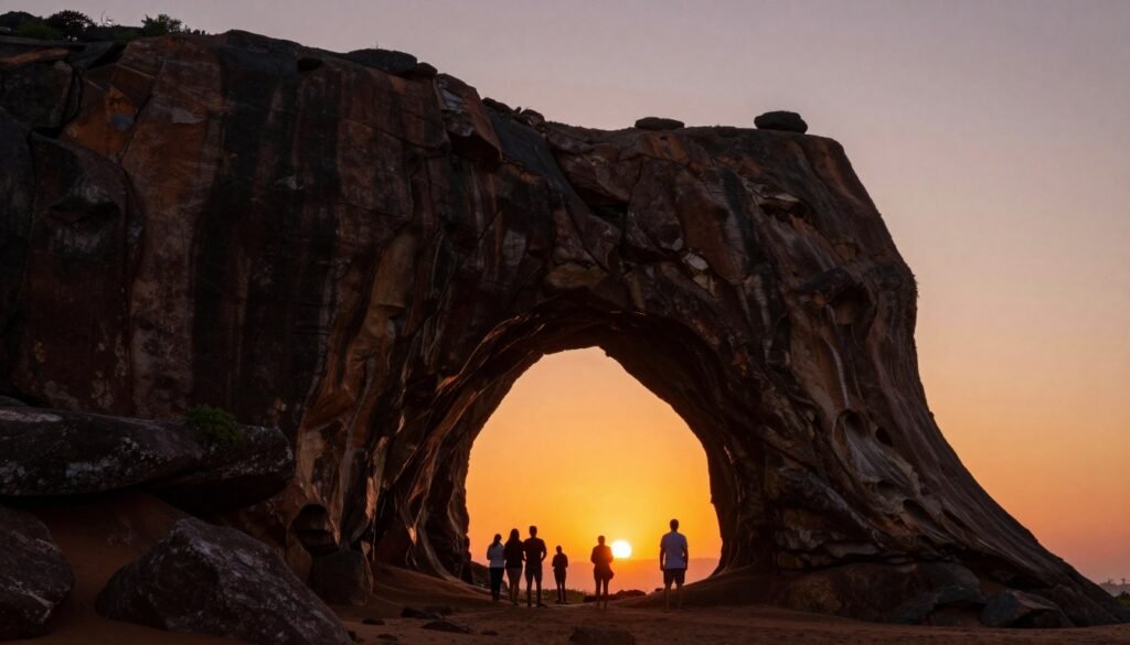 Pôr do sol na Pedra Furada em Jericoacoara com silhuetas de turistas Pôr do sol na Pedra Furada em Jericoacoara com silhuetas de turistas