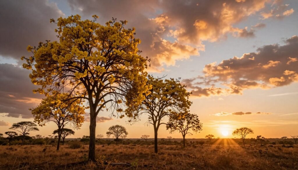 Pôr do sol na savana do Jalapão com ipês amarelos em flor Pôr do sol na savana do Jalapão com ipês amarelos em flor