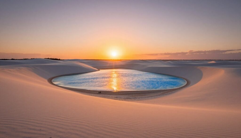 Pôr do sol nos Lençóis Maranhenses com lagoas refletindo o céu alaranjado Pôr do sol nos Lençóis Maranhenses com lagoas refletindo o céu alaranjado