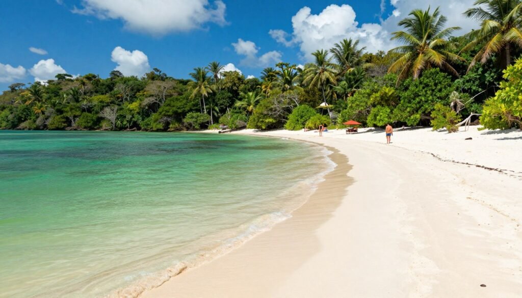 Praia de água doce em Alter do Chão com areia branca e água verde-esmeralda Praia de água doce em Alter do Chão com areia branca e água verde-esmeralda